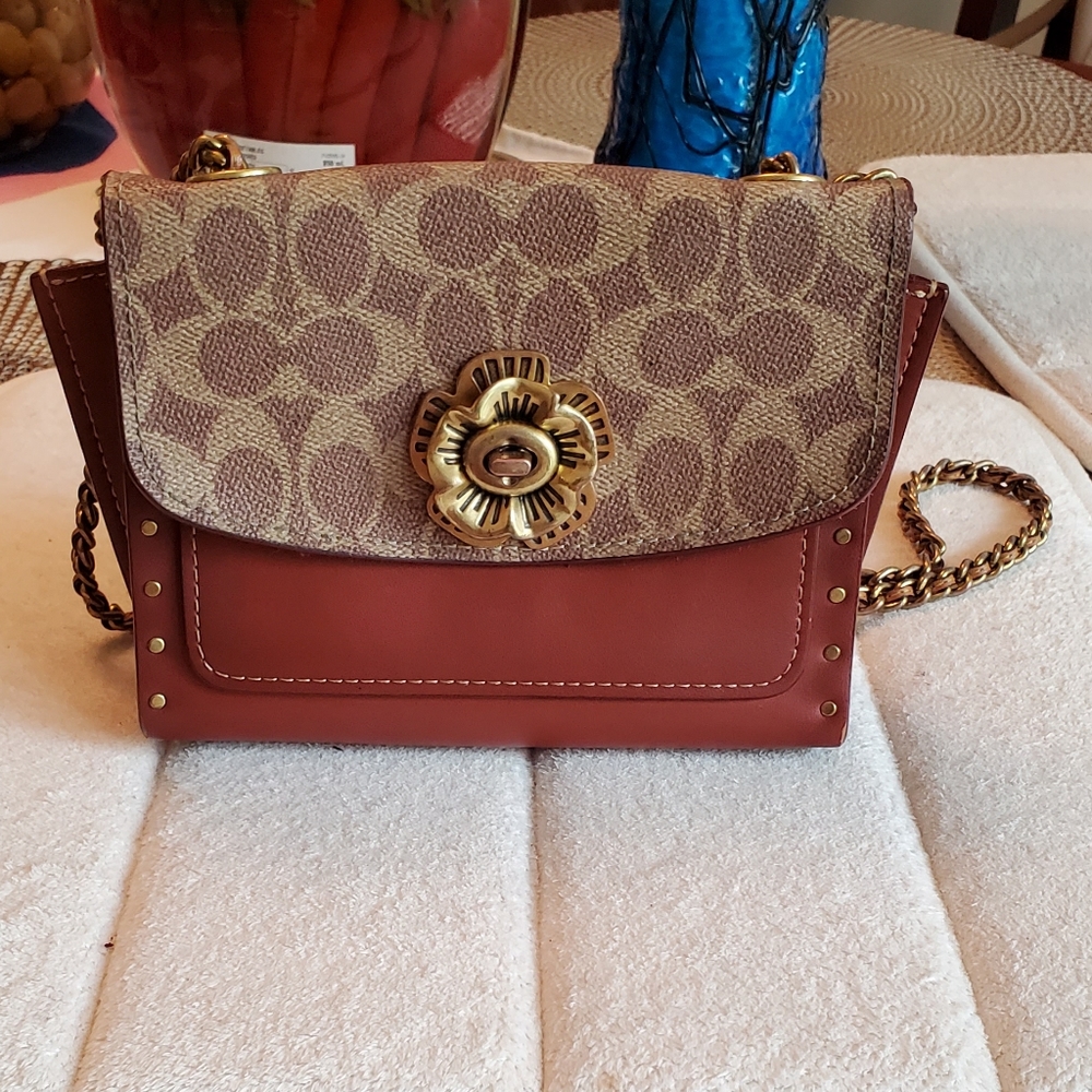 Coach Signature Canvas and Brown Leather Shoulder Bag with Gold Hardware